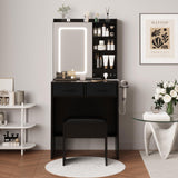 Garvee LED Lighted Makeup Vanity Desk with Mirror, Charging Station, Power Outlets & USB Ports, 2 Drawers, 6 Shelves, Storage, Stool, Bedroom Dressing Table - Black - Black