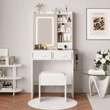 Garvee LED Lighted Makeup Vanity Desk with Mirror, Charging Station, Power Outlets & USB Ports, Dressing Table Set with Stool, Drawers & Shelves, Storage for Bedroom - White - White