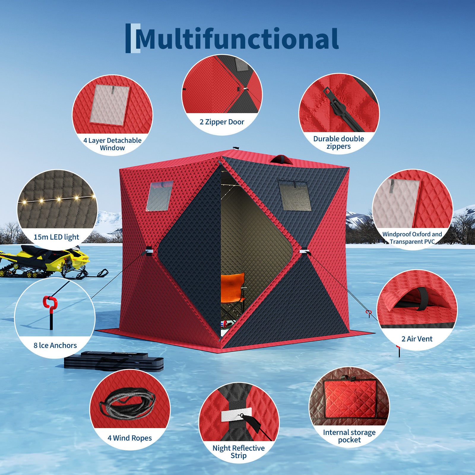 Garvee Insulated Pop-Up Ice Fishing Shelter – 2-3 Person Portable Winter Tent with Windows, Zippered Door, Integrated Light Strip, Carry Bag, Anchors & Wind Rope – Durable Ice Shanty for Outdoor Ice