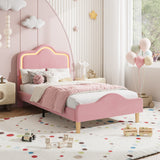 Garvee Twin Size Upholstered LED Bed Frame with Adjustable Headboard and Footboard, Velvet Princess Platform Bedframe for Kids/Girls, Wooden Slats Support, No Box Spring Needed, Easy Assembly, Pink