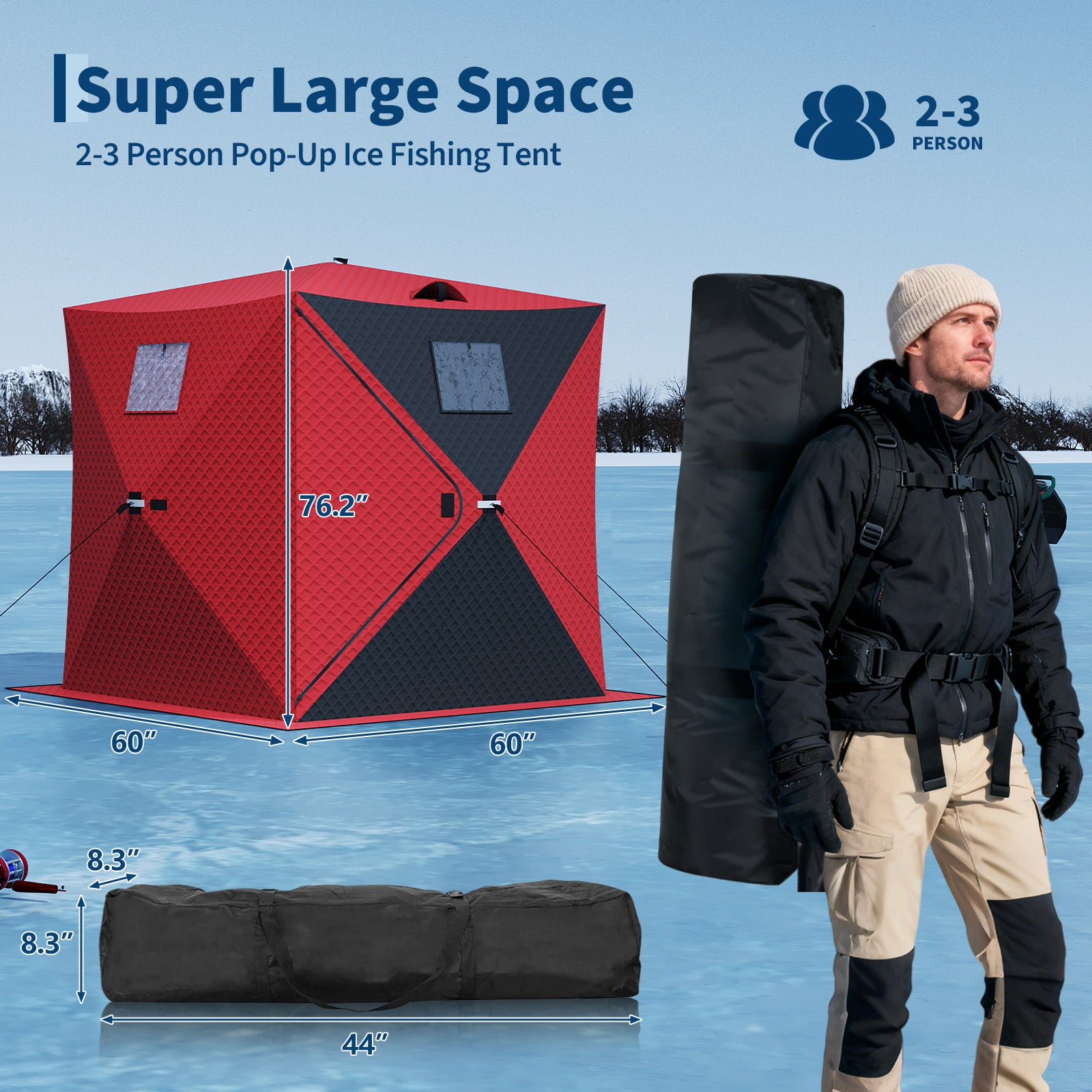 Garvee Insulated Pop-Up Ice Fishing Shelter – 2-3 Person Portable Winter Tent with Windows, Zippered Door, Integrated Light Strip, Carry Bag, Anchors & Wind Rope – Durable Ice Shanty for Outdoor Ice