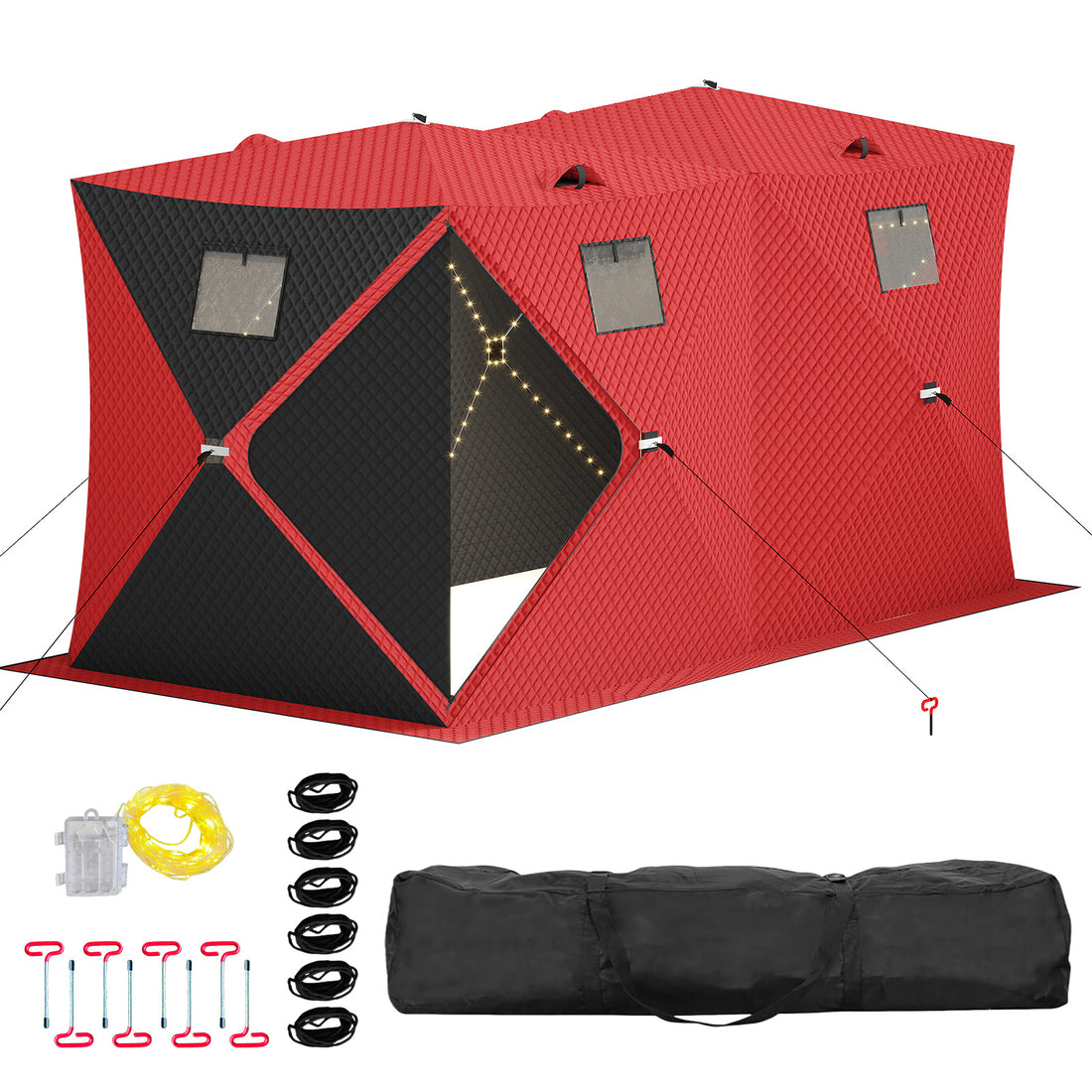 Garvee Insulated Pop-Up Ice Fishing Tent – 5-7 Person Spacious Shelter with Double Zippered Doors, 2x49ft LED Light Strips, Windproof, Easy Setup, Carry Bag, Anchors, Battery Packs – Red + 2 Side Black