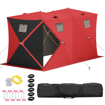 Garvee Insulated Pop-Up Ice Fishing Tent – 5-7 Person Spacious Shelter with Double Zippered Doors, 2x49ft LED Light Strips, Windproof, Easy Setup, Carry Bag, Anchors, Battery Packs – Red + 2 Side Black