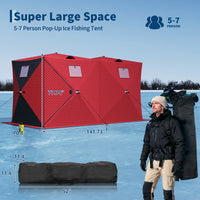 Garvee Insulated Pop-Up Ice Fishing Tent – 5-7 Person Spacious Shelter with Double Zippered Doors, 2x49ft LED Light Strips, Windproof, Easy Setup, Carry Bag, Anchors, Battery Packs – Red + 2 Side Black