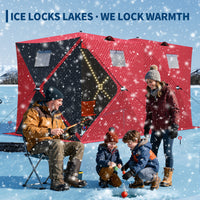 Garvee Insulated Pop-Up Ice Fishing Tent – 5-7 Person Spacious Shelter with Double Zippered Doors, 2x49ft LED Light Strips, Windproof, Easy Setup, Carry Bag, Anchors, Battery Packs – Red + 2 Side Black