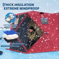 Garvee Insulated Pop-Up Ice Fishing Tent – 5-7 Person Spacious Shelter with Double Zippered Doors, 2x49ft LED Light Strips, Windproof, Easy Setup, Carry Bag, Anchors, Battery Packs – Red + 2 Side Black