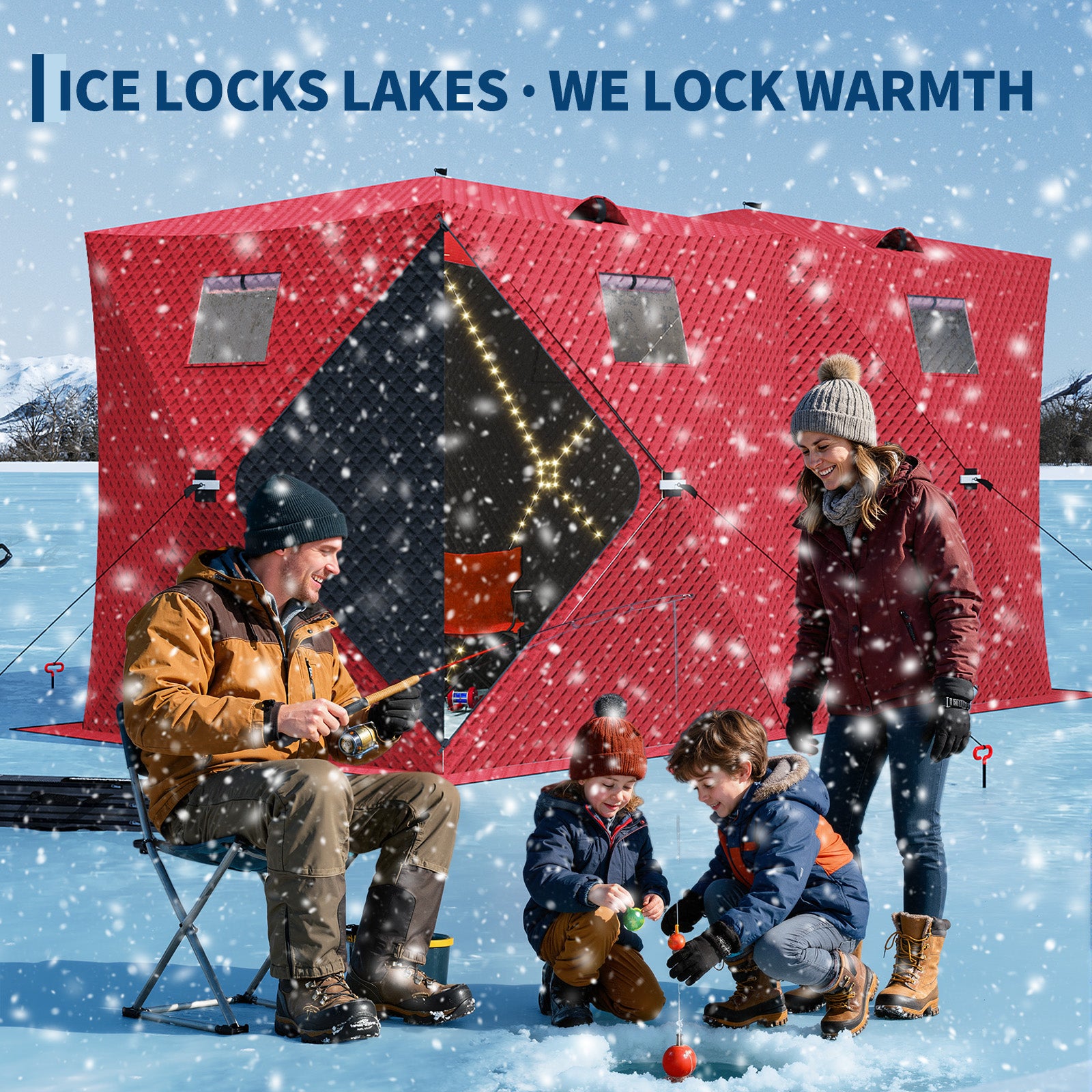 Garvee Pop Up Ice Fishing Shelter Tent with 49ft LED Light Strip, Windproof Portable Hub Design, Fits 5-7 People, 69 sq ft Fishable Area, Red