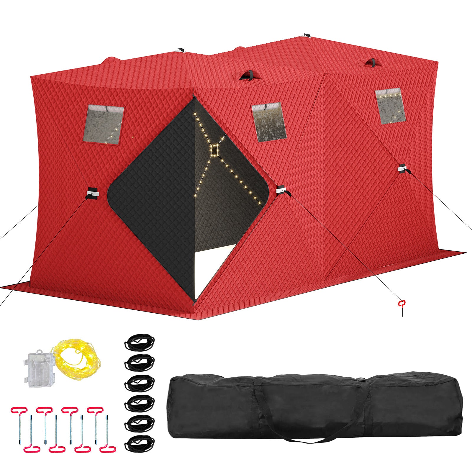 Garvee Pop Up Ice Fishing Shelter Tent with 49ft LED Light Strip, Windproof Portable Hub Design, Fits 5-7 People, 69 sq ft Fishable Area, Red