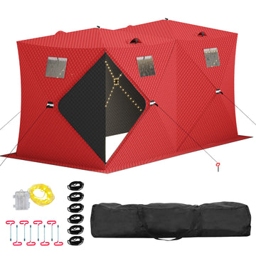 Garvee Pop Up Ice Fishing Shelter Tent with 49ft LED Light Strip, Windproof Portable Hub Design, Fits 5-7 People, 69 sq ft Fishable Area, Red