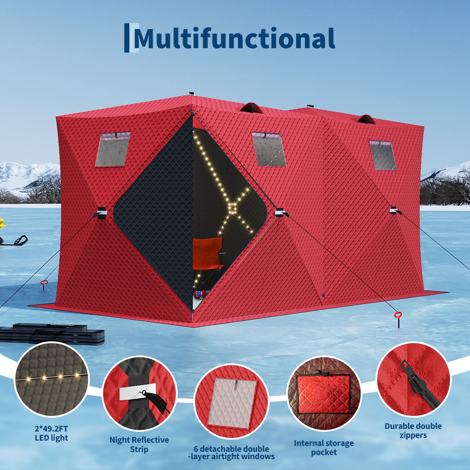 Garvee Pop Up Ice Fishing Shelter Tent with 49ft LED Light Strip, Windproof Portable Hub Design, Fits 5-7 People, 69 sq ft Fishable Area, Red
