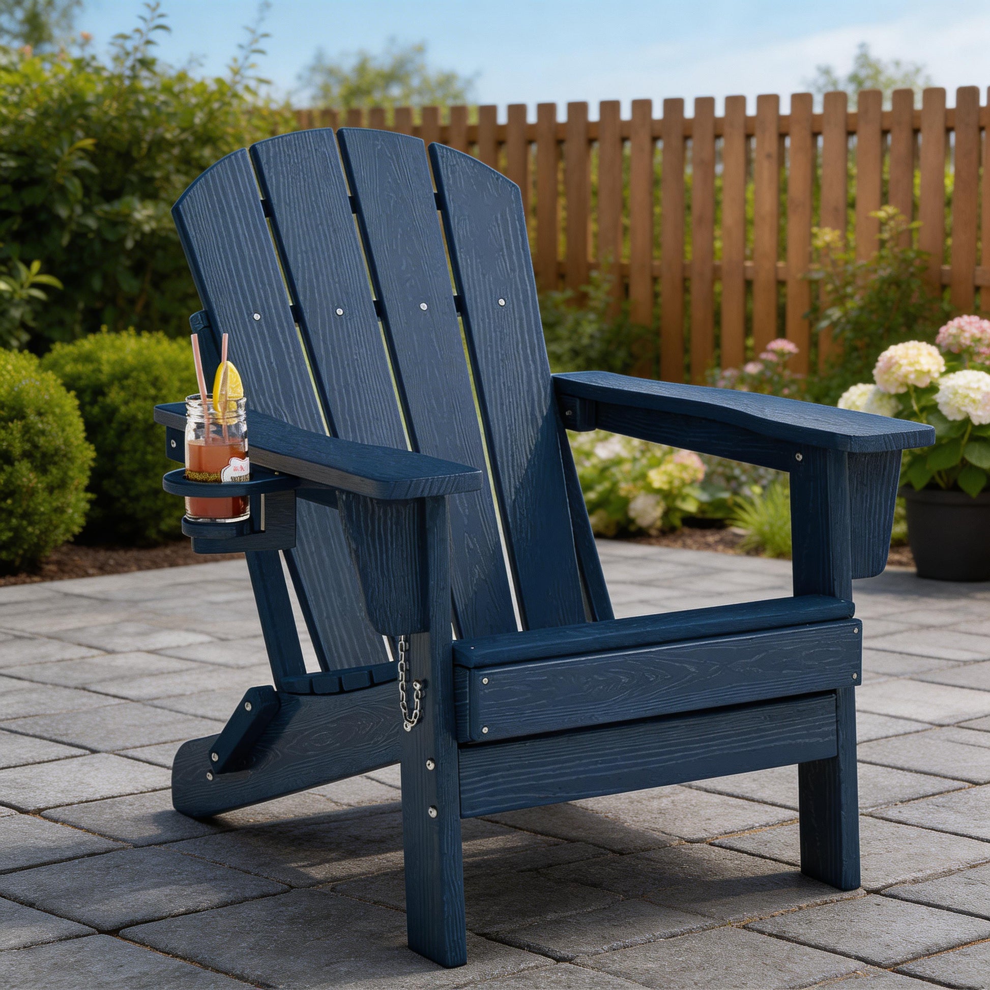 Garvee Folding Adirondack Chair All-Weather HDPE Outdoor Chair with Cup Holder for Patios Decks Gardens Navy Blue