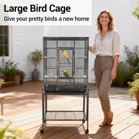 Garvee Spacious Metal Bird Cage with Wheels for Budgies, Canaries, Cockatiels – 4 Feeding Bowls, Wooden Perch, Removable Easy-Clean Tray – Indoor/Outdoor Aviary, Black, 135x64x42.3cm