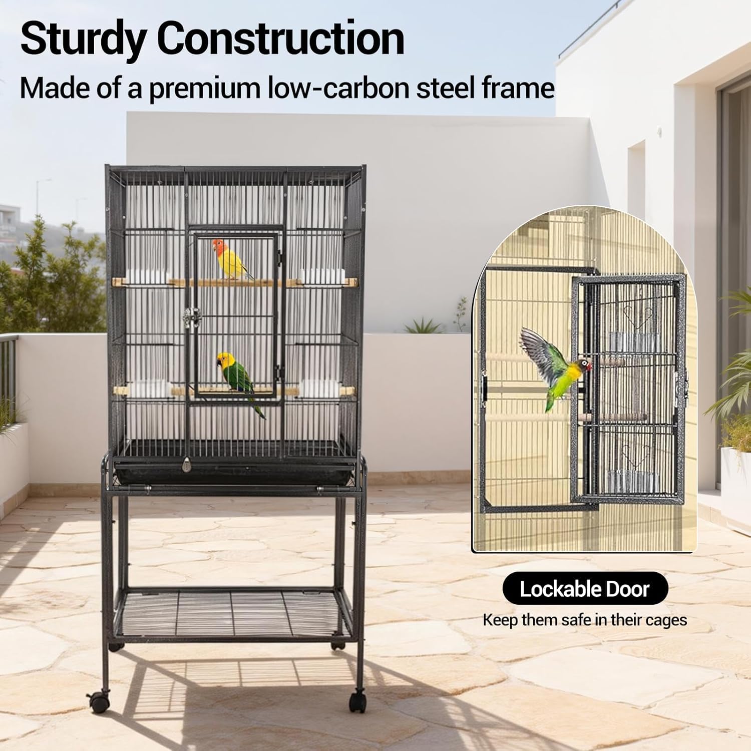 Garvee Spacious Metal Bird Cage with Wheels for Budgies, Canaries, Cockatiels – 4 Feeding Bowls, Wooden Perch, Removable Easy-Clean Tray – Indoor/Outdoor Aviary, Black, 135x64x42.3cm