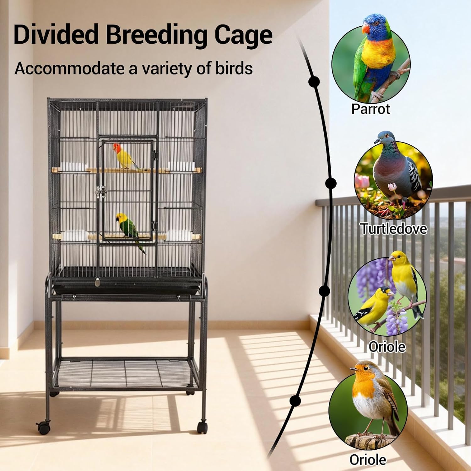 Garvee Spacious Metal Bird Cage with Wheels for Budgies, Canaries, Cockatiels – 4 Feeding Bowls, Wooden Perch, Removable Easy-Clean Tray – Indoor/Outdoor Aviary, Black, 135x64x42.3cm