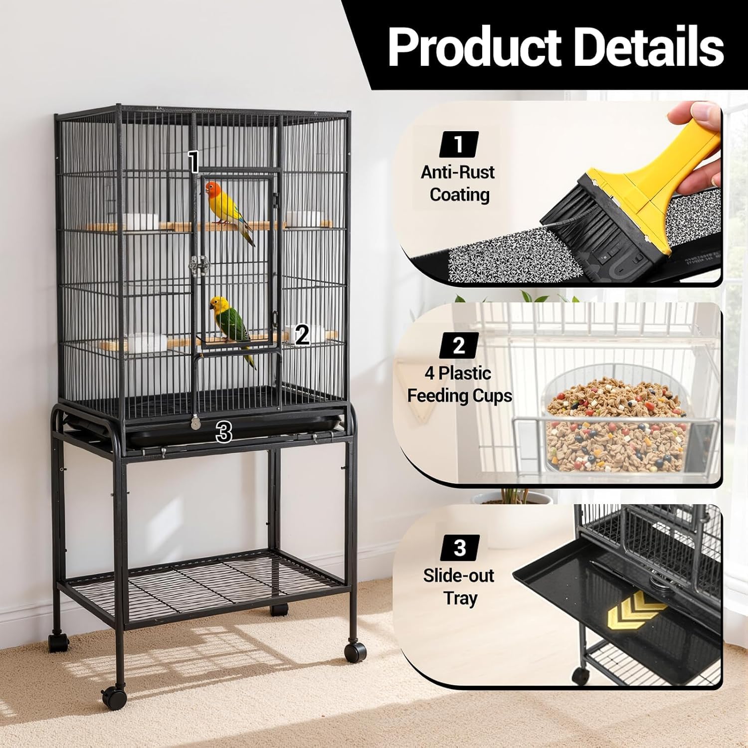 Garvee Spacious Metal Bird Cage with Wheels for Budgies, Canaries, Cockatiels – 4 Feeding Bowls, Wooden Perch, Removable Easy-Clean Tray – Indoor/Outdoor Aviary, Black, 135x64x42.3cm
