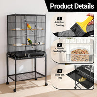 Garvee Spacious Metal Bird Cage with Wheels for Budgies, Canaries, Cockatiels – 4 Feeding Bowls, Wooden Perch, Removable Easy-Clean Tray – Indoor/Outdoor Aviary, Black, 135x64x42.3cm