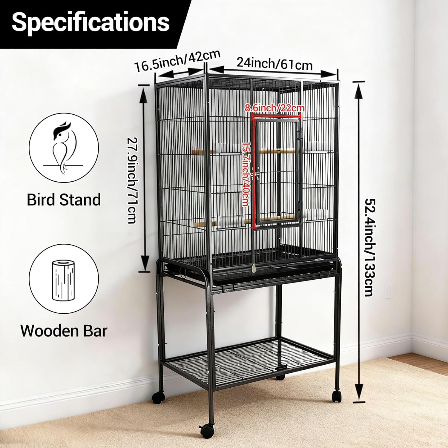 Garvee Spacious Metal Bird Cage with Wheels for Budgies, Canaries, Cockatiels – 4 Feeding Bowls, Wooden Perch, Removable Easy-Clean Tray – Indoor/Outdoor Aviary, Black, 135x64x42.3cm