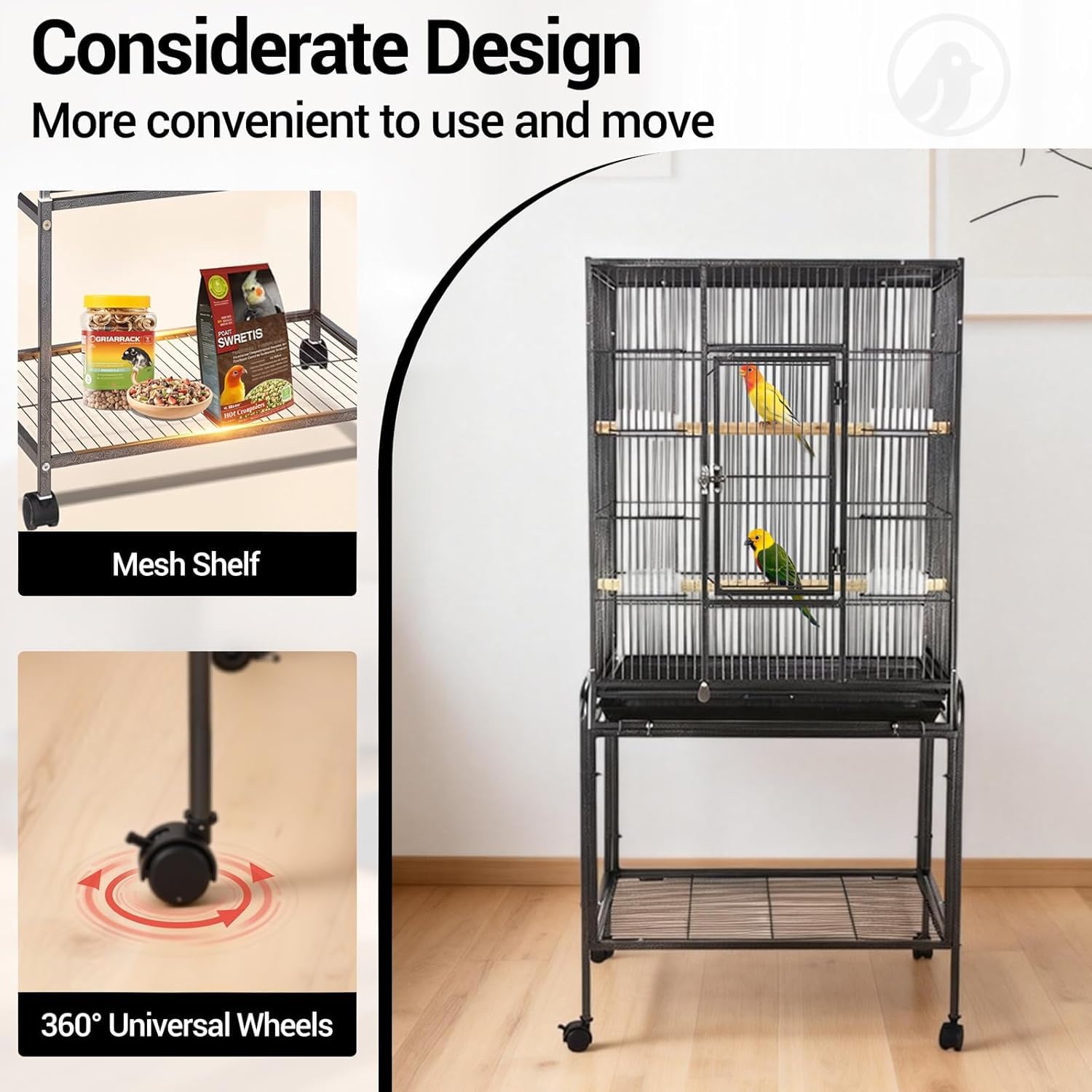 Garvee Spacious Metal Bird Cage with Wheels for Budgies, Canaries, Cockatiels – 4 Feeding Bowls, Wooden Perch, Removable Easy-Clean Tray – Indoor/Outdoor Aviary, Black, 135x64x42.3cm