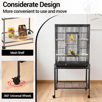 Garvee Spacious Metal Bird Cage with Wheels for Budgies, Canaries, Cockatiels – 4 Feeding Bowls, Wooden Perch, Removable Easy-Clean Tray – Indoor/Outdoor Aviary, Black, 135x64x42.3cm