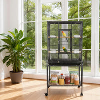 Garvee Spacious Metal Bird Cage with Wheels for Budgies, Canaries, Cockatiels – 4 Feeding Bowls, Wooden Perch, Removable Easy-Clean Tray – Indoor/Outdoor Aviary, Black, 135x64x42.3cm