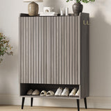 Garvee Gray Shoe Storage Cabinet, 6-Tier Two-Door Entryway Organizer, 29.4"X14.6"X43.3" Particleboard Frame with Fluted MDF Doors, Adjustable Shelves, Open Bottom Storage, Side Hooks, Anti-Tip Design for Hallway, Living Room or Bedroom - Gray