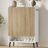 Garvee White & Natural Wood Shoe Storage Cabinet, 6-Tier Two-Door Entryway Organizer, 29.4"X14.6"X43.3" Particleboard Frame with Fluted MDF Doors, Adjustable Shelves, Open Bottom Storage, Side Hooks, Anti-Tip Design for Hallway, Living Room or Bedroom - White & Natural Wood