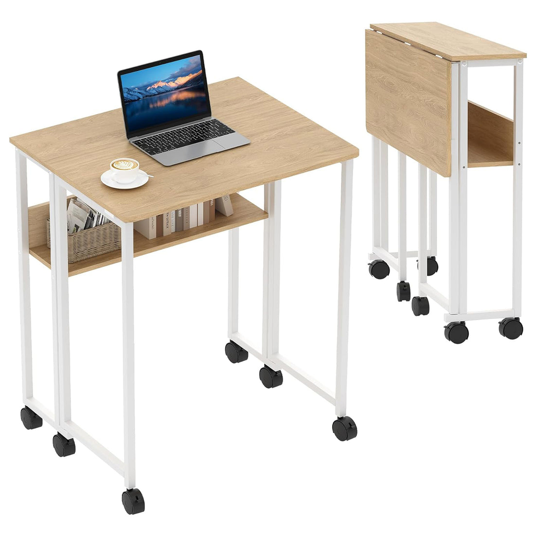 Garvee Folding Desk Small Rolling Desk with Storage Shelf for Home Office and Study, 24.8 Inch, Foldable, Space-Saving, with Wheels