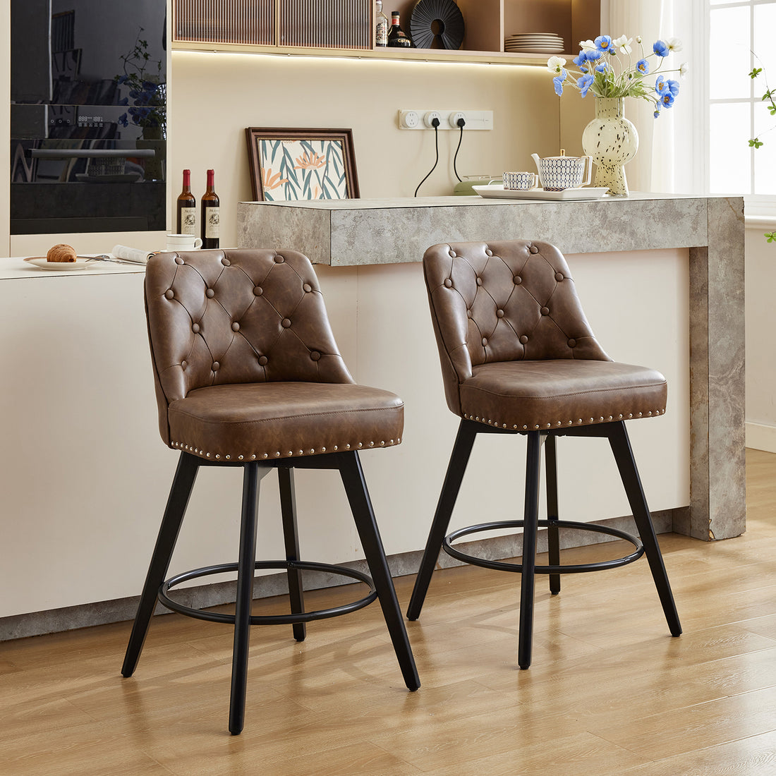 Garvee Counter Height Bar Stools Set of 2, Modern Swivel Bar Stools with Back and Wood Legs, 26" H, Leather Brown for Kitchen Island Home Bar