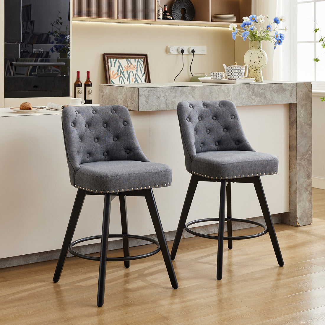 Garvee Counter Height Bar Stools Set of 2, Modern Swivel Bar Stools with Back and Wood Legs, 26" H Seat Height, Linen Fabric Gray for Kitchen Island Home Bar