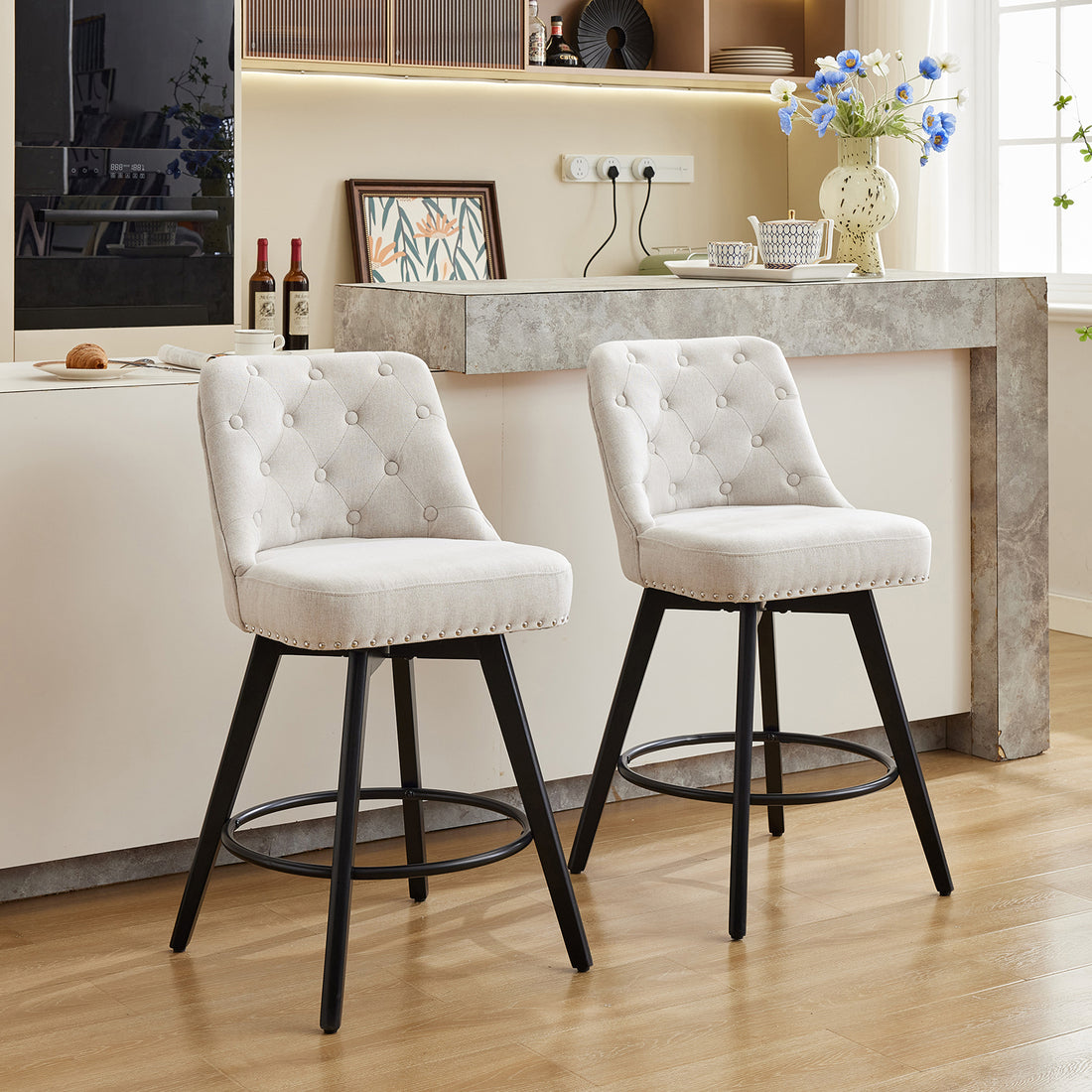 Garvee Counter Height Bar Stools Set of 2, Modern Swivel Bar Stools with Back and Wood Legs, 26 in Seat Height, Linen Fabric Beige for Kitchen Island and Home Bar