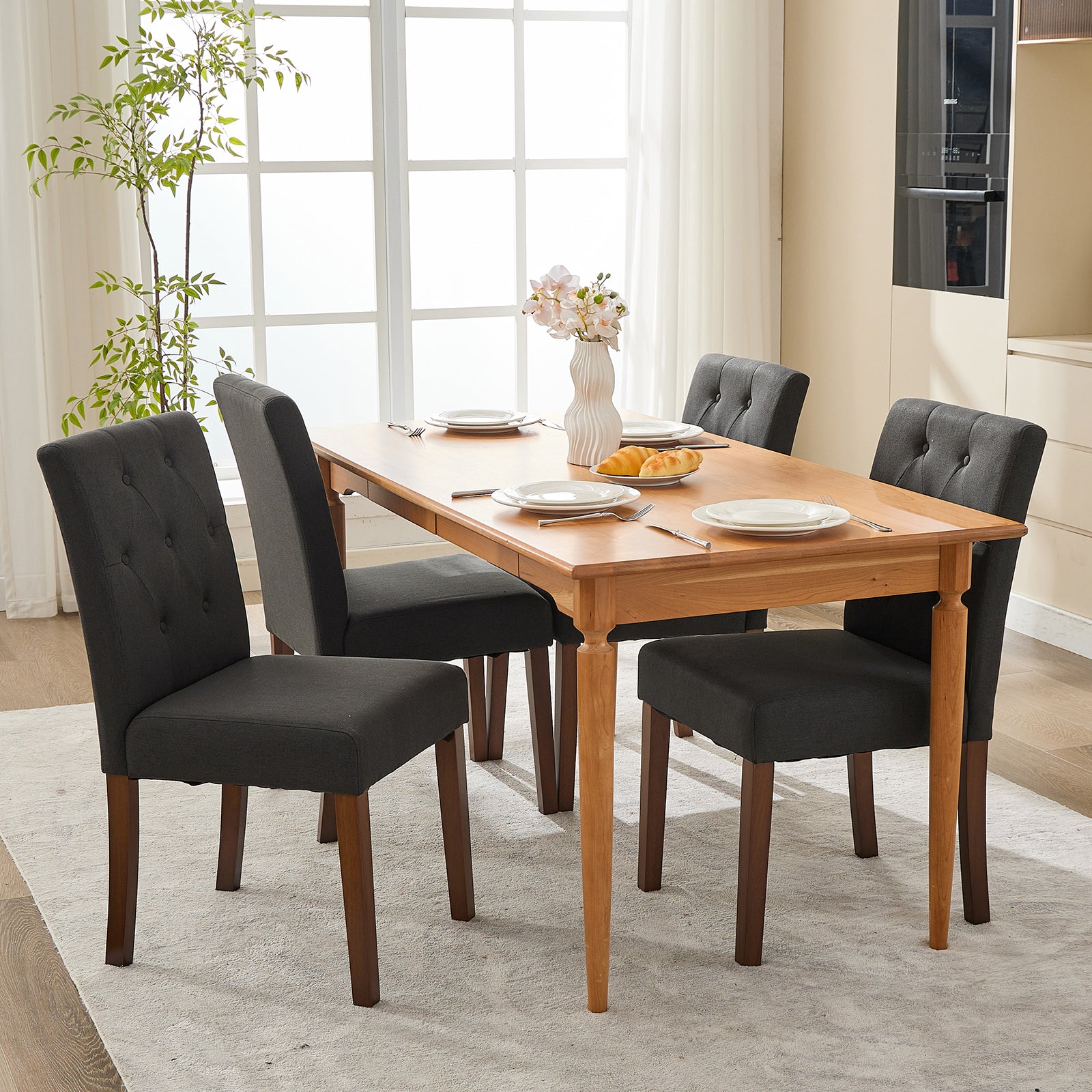 Garvee Parsons Button Tufted Dining Chairs Set of 2 - Upholstered Fabric Kitchen Chairs with Wood Legs & Padded Seats - Black - Living Room Kitchen Furniture