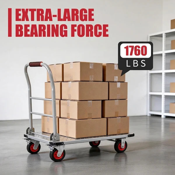 Garvee Heavy-Duty Flatbed Platform Truck Cart - 2000 lb Capacity, 36 x 24 in Steel Deck, Collapsible Handle, 6 in Swivel Polyurethane Casters w/ Brakes - Shop/Warehouse - Silver + Orange Wheels