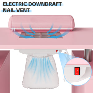 Table de manucure Garvee pour prothésistes ongulaires avec collecteur de particules électrique – Bureau portable avec 4 tiroirs, meuble latéral, roulettes verrouillables et repose-poignet, Station de beauté, Rose, norme US