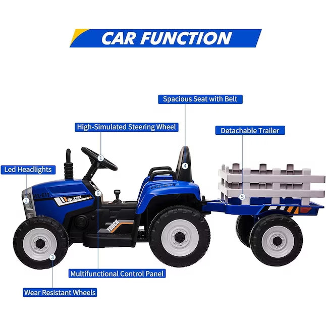 Garvee Ride - P Series: 12V Electric Tractor & Trailer for Kids, 3-6 Yrs - With RC - Blue / 25W