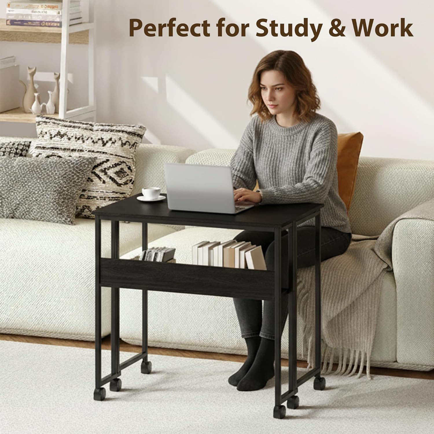 Garvee Folding Desk Small Rolling Desk with Storage Shelf for Home Office and Study, 24.8 Inch, Black, Space-Saving Foldable Computer Table