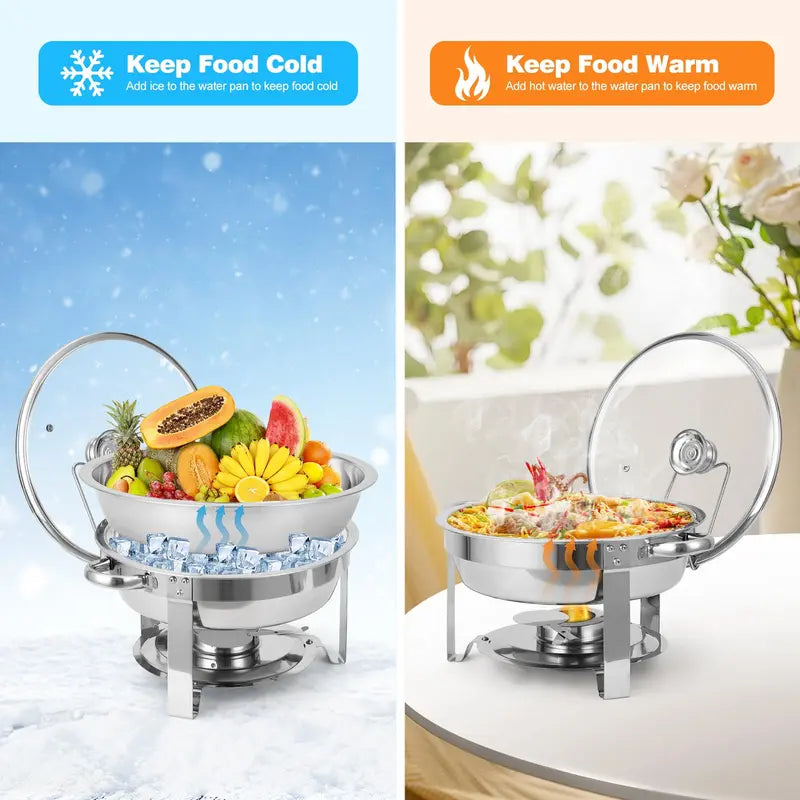 Garvee Chafing Dish for Buffet 2 Pack, 5QT Round Chafing Dishes Buffet Set w/Lid Holder, Stainless Steel Chafers and Food Warmers with Spoon and Tweezers for Parties, Weddings, Events, Banquet, Gold