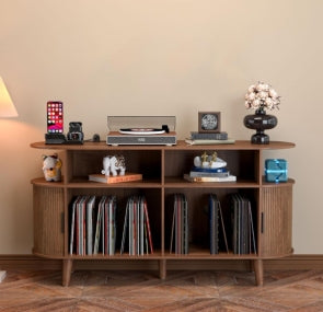 Garvee Mid-Century Modern Record Player Stand – Large 55'' Round Turntable Cabinet with Storage, Charging Station, USB Ports & Power Outlets, Open Display Shelf for Living Room – Walnut Color US Standard