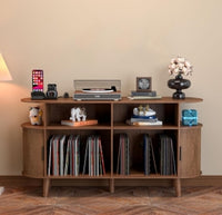 Garvee Mid-Century Modern Record Player Stand – Large 55'' Round Turntable Cabinet with Storage, Charging Station, USB Ports & Power Outlets, Open Display Shelf for Living Room – Walnut Color US Standard