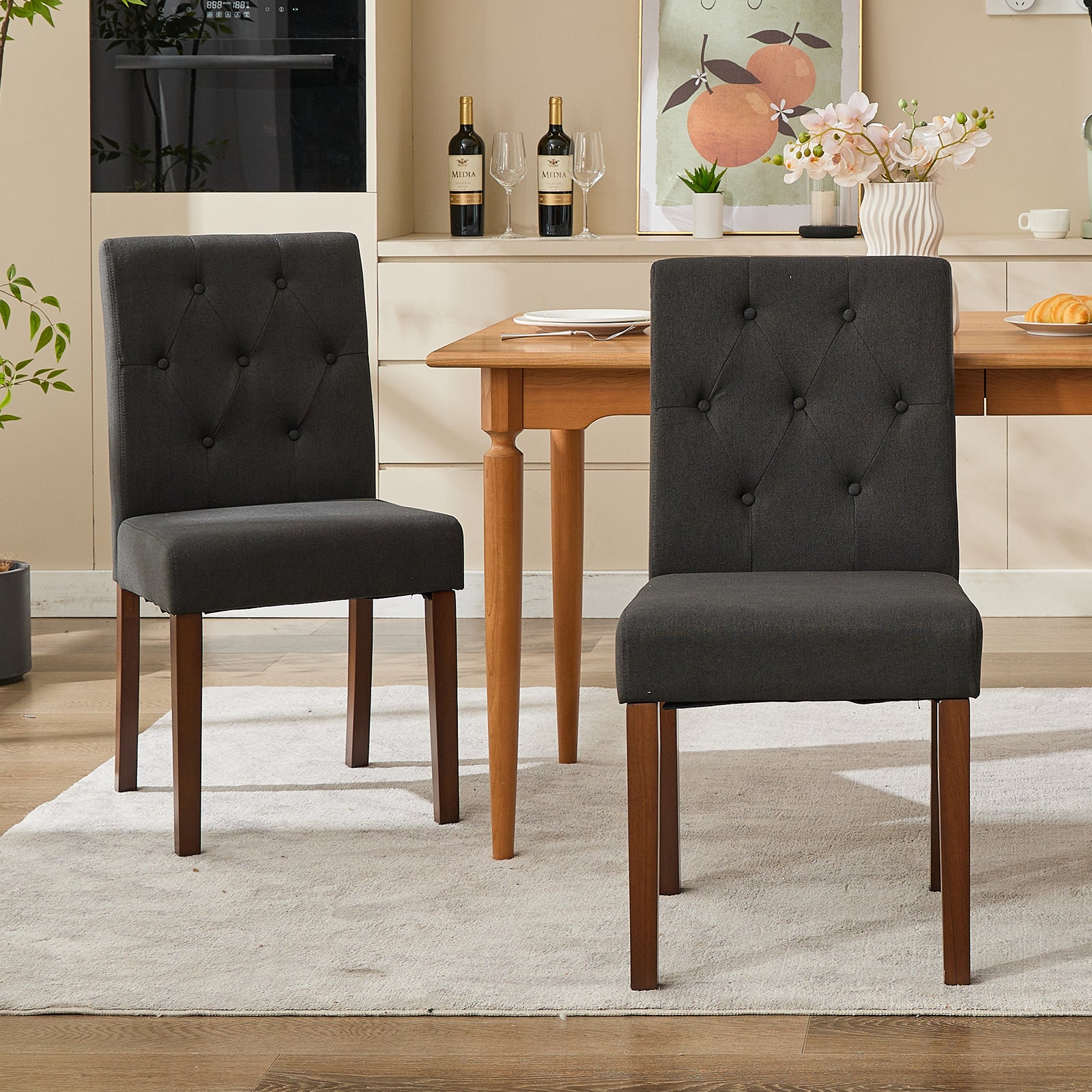 Garvee Parsons Button Tufted Dining Chairs Set of 2 - Upholstered Fabric Kitchen Chairs with Wood Legs & Padded Seats - Black - Living Room Kitchen Furniture