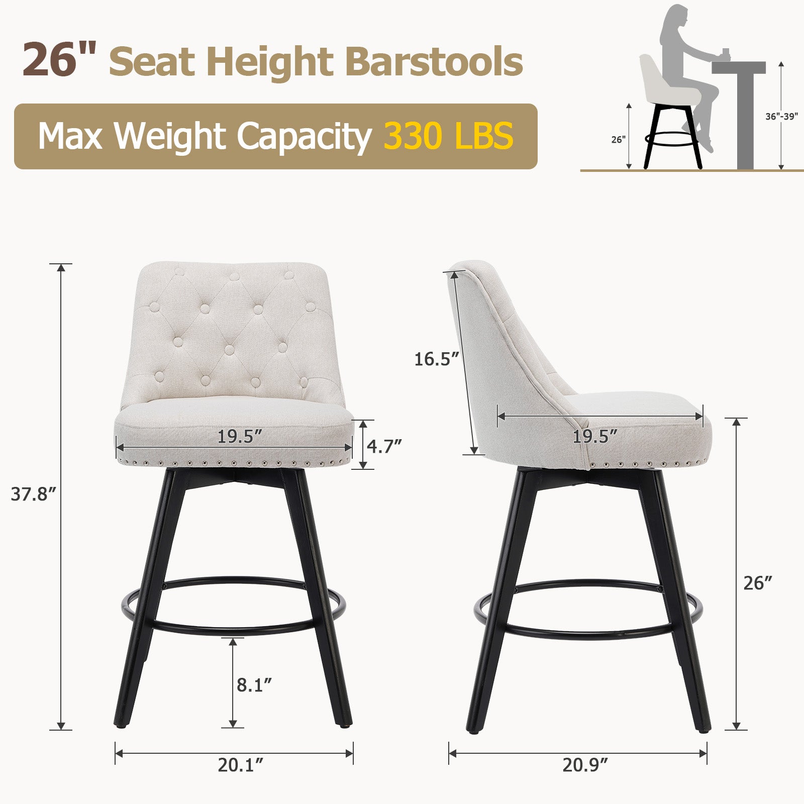 Garvee Counter Height Bar Stools Set of 2, Modern Swivel Bar Stools with Back and Wood Legs, 26 in Seat Height, Linen Fabric Beige for Kitchen Island and Home Bar