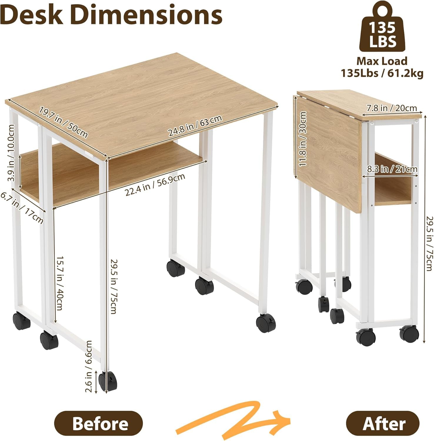 Garvee Folding Desk Small Rolling Desk with Storage Shelf for Home Office and Study, 24.8 Inch, Foldable, Space-Saving, with Wheels