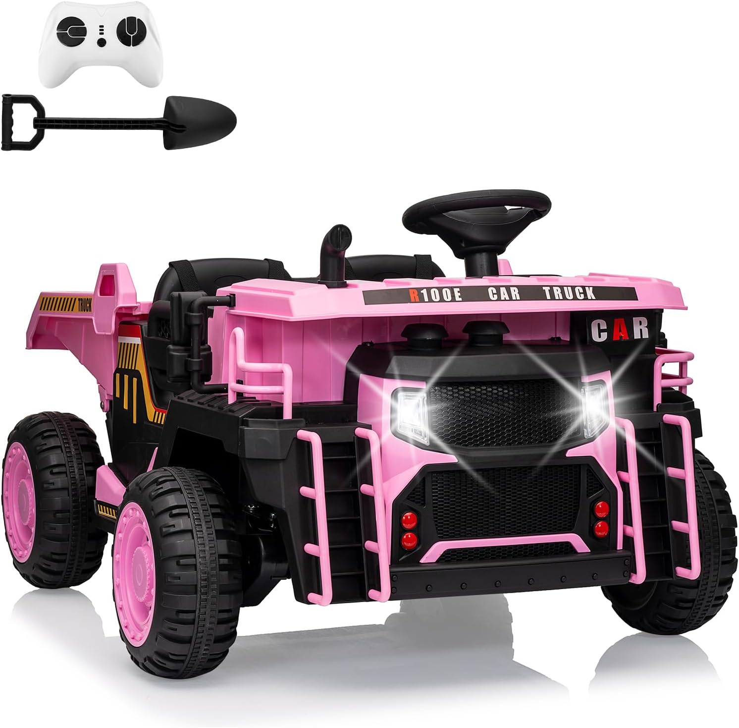 Garvee 24V 2-Seater Ride On Dump Truck for Kids – Remote Control, 2WD/4WD Powerful Electric Construction Vehicle, Dump Bed & Shovel, EVA Tires, Music, LED Lights, Gentle Start, 19" Spacious Seat, Ages 4-8, Pink
