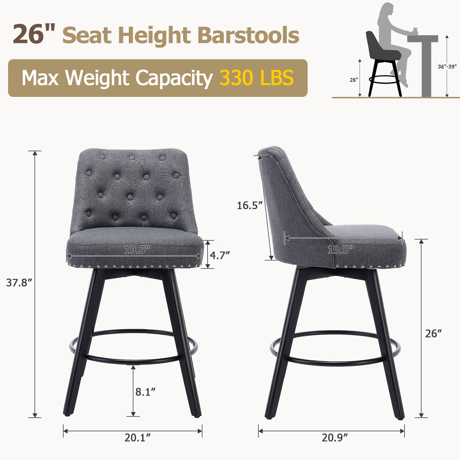 Garvee Counter Height Bar Stools Set of 2, Modern Swivel Bar Stools with Back and Wood Legs, 26" H Seat Height, Linen Fabric Gray for Kitchen Island Home Bar