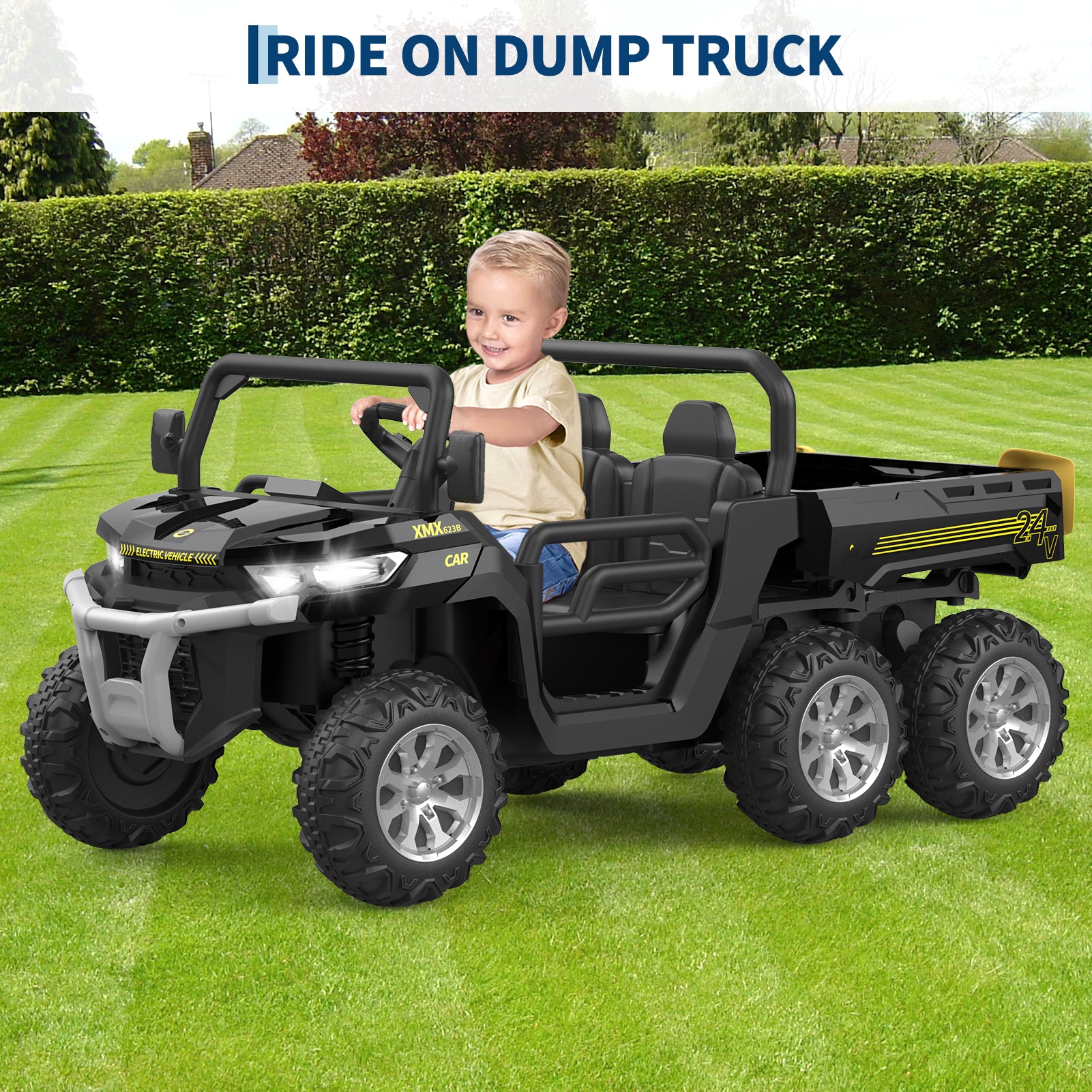 Garvee Camion benne électrique 24 V pour enfants, voiturette 2 places avec télécommande parentale, 4 roues motrices 6 roues, benne de style UTV, musique Bluetooth, noir