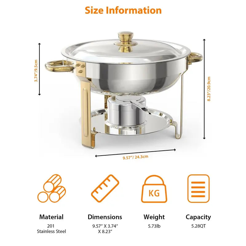 Garvee Chafing Dish for Buffet 6 Pack, 5QT Round Chafing Dishes Buffet Set w/Lid Holder, Stainless Steel Chafers and Food Warmers with Spoon and Tweezers for Parties, Weddings, Events, Banquet, Gold