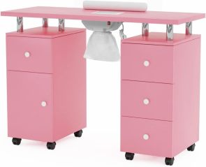 Table de manucure Garvee pour prothésistes ongulaires avec collecteur de particules électrique – Bureau portable avec 4 tiroirs, meuble latéral, roulettes verrouillables et repose-poignet, Station de beauté, Rose, norme US