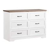 Garvee Wood Dresser with 6 Drawers, Premium Laminated Composite Woods, Brass Knobs, Roller Glides, Anti-Tip, White/Brown, Bedroom, Living Room