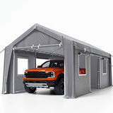 Garvee 13'x20' Portable Garage, Heavy Duty Car Port Canopy with Reinforced Steel Poles, 4 Roll-Up Doors & Ventilated Windows, Silver Grey