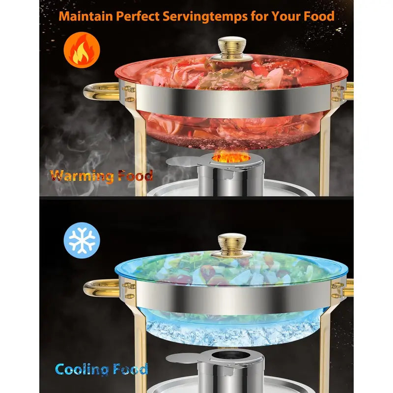Garvee Chafing Dish for Buffet 6 Pack, 5QT Round Chafing Dishes Buffet Set w/Lid Holder, Stainless Steel Chafers and Food Warmers with Spoon and Tweezers for Parties, Weddings, Events, Banquet, Gold