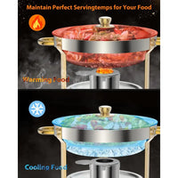 Garvee Chafing Dish for Buffet 6 Pack, 5QT Round Chafing Dishes Buffet Set w/Lid Holder, Stainless Steel Chafers and Food Warmers with Spoon and Tweezers for Parties, Weddings, Events, Banquet, Gold